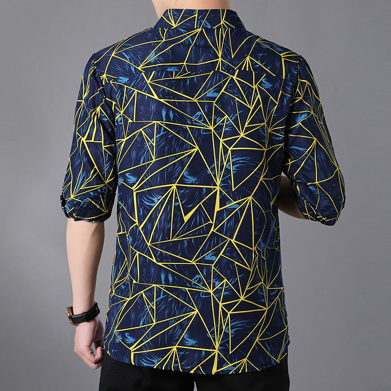 Camisa Social Masculina Geométrica Azul